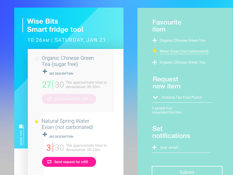 Smart Fridge web interface / mobile scandinavian minimal clean ux ui