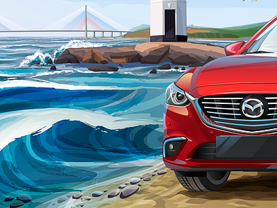 Fragment 3 bridge car fragment red sea seaside surf vector vector art waves