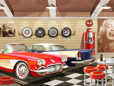 Classic garage 1960s cabriolet cafe car car club classic car corvette garage illustration old car red carpet retro retro cars vector vector art vector illustration
