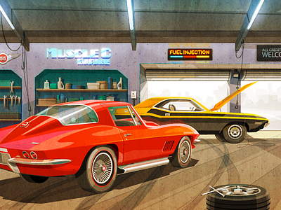 Muscle cars classic car garage illustration muscle car old car retro car vector art vectors