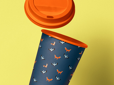 fox and crane pattern blue crane design fox glass illustration nature art orange paper cup pattern pattern design vector vector art vector illustration yellow
