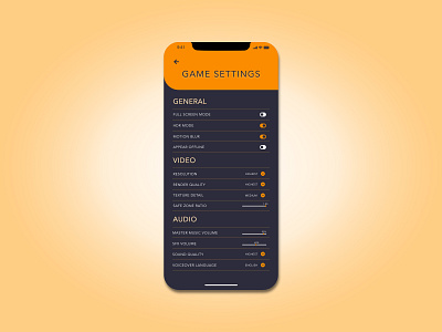 GameSettings adobe xd dailyui dailyuichallenge design gaming gaming app orange settings ui ui ux