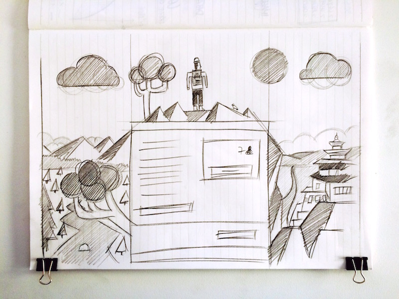 backpacker in Buthan backpacker backpack button mountain sketch tree book