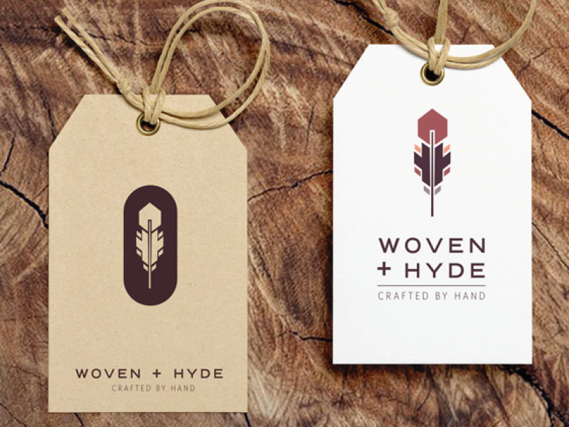 Woven + Hyde Logo Tag Mockup geometric woven modern bohemian original stacked type purple feather handmade leather bags tags