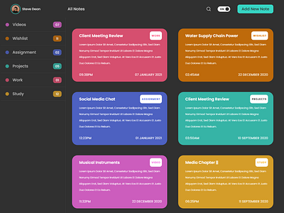 Note Taking app UI for PC with dark mode support.