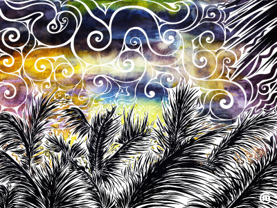 Swirly Tropical Sky abstract art brandnew design drawing illustration ink mixed media palmtree plants swirly watercolor