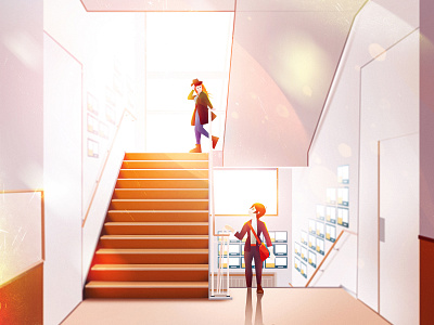 Stairs abstract boy building character college colorful conceptual art couple destiny digital art digital illustration environment girl illustration meeting people warm