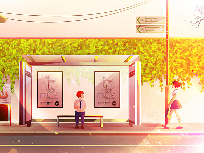 Street abstract boy bus stop character colorful conceptual art couple digital art digital illustration environment girl illustration meeting people school uniform streer students warm youth