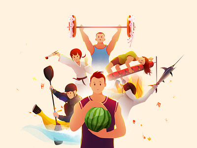 Olympic Foood 2K21 abstract athlete banana character competition composition concept conceptual art digital art fish flat food illustration karate olympic games people rafting sport tournament