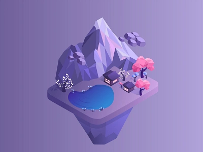 Isometric Island adobe art business design illustration illustrator island isometric isometry japanese lake low poly modelling mountain mythical platform purple vector website