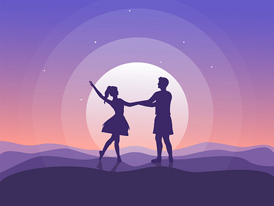 Dancing on the moon adobe art business character colorful dance dancing design flat gradient illustration illustrator landscape light purple scenery silhouette travel vector website