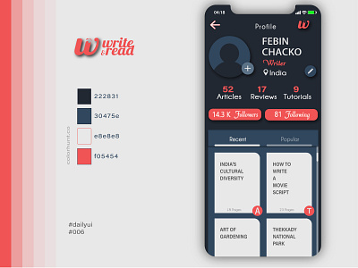Profile design for new app concept Write & Read. 006 100daychallenge app dailyui illustrator mobile ui newconcept profile design read social write