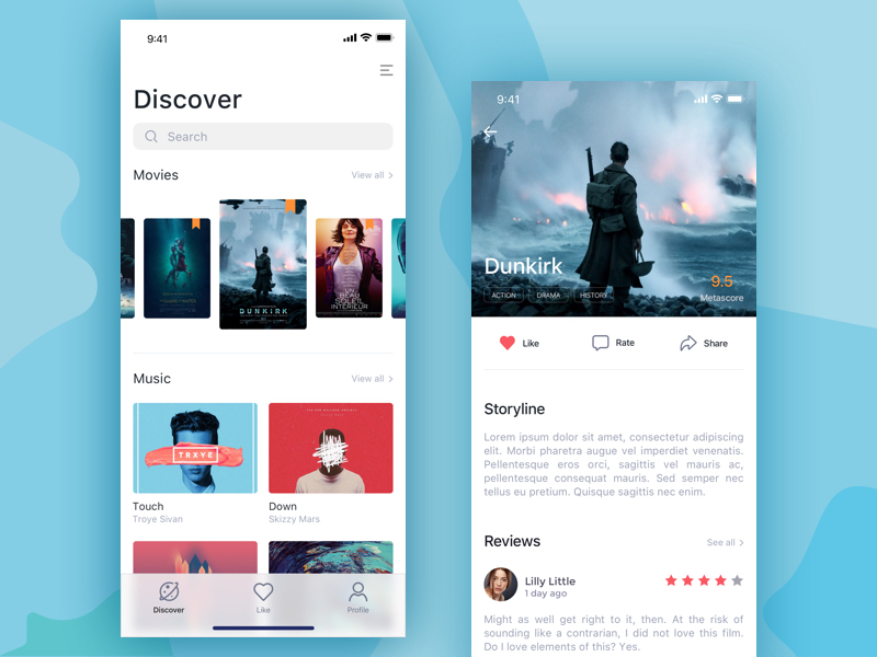 Entertainment Mobile App discover entertainment illustrations ios 11 iphone x like movies music read reviews ui ux