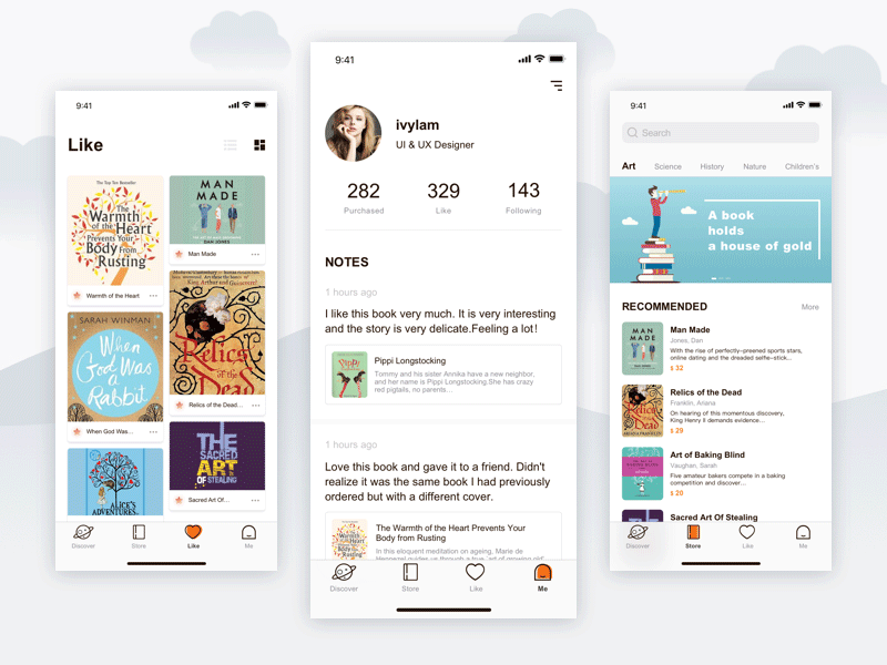 Reading App Ⅱ ae art illustrator like notes profile recommend store story ui ux