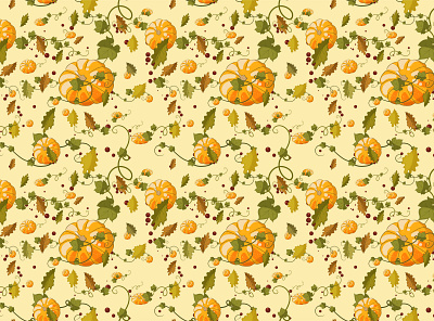 Autumn seamless pattern of pumpkins, berries and leaves. autumn background berries decoration design fabric flora halloween holiday illustration mood nature oak october packaging paper pattern pumpkin