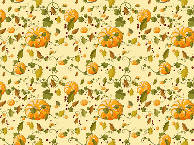 Autumn seamless pattern of pumpkins, berries and leaves.