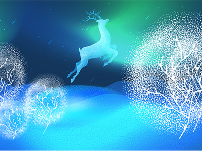 Snowy winter illustration with northern lights and flying deer.
