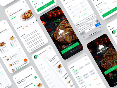 Daily Recipe App v1 2022 design app design app ui design app ux design clean design concept design daily recipe app dessert recipe app food app food app design food blog food vlog green recipe app menu item design mockups publish recipe recipe app recipe app design side menu design ui design