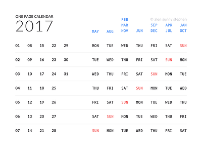 One Page Calendar 2017 2017 calendar calender clean concept new year one page one page calendar redesign white