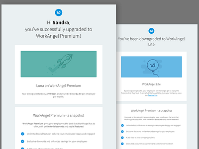 WorkAngel Premium vs Lite plan email design cattlin design downgrade email hayley illustration lite plan premium upgrade