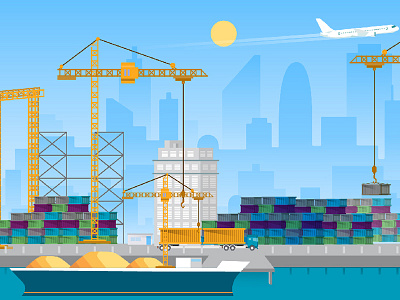 Port bay cargo design flat illustration. videoexplainer plane port