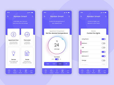 Smart App for Wireless Appartment Control app appartment box circle control door gradient house lights menu notification phone pink purple rounded shadow temperature thermostat