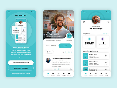 App design for a Professional Booking App app barber blue comments design green haircut hairstyle massage nail onboarding phone professional profile rating splash tattoo turquoise ui ux