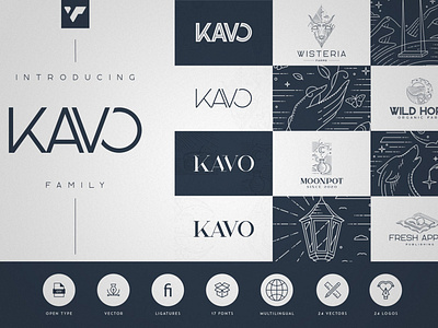 Kavo family - 17 fonts + 24 logos brand bundle creative design font inline logo logo template sans serif serif serif styled vector