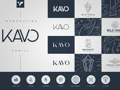 Kavo family - 17 fonts + 24 logos