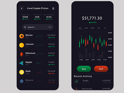 CryptoTrader App Concept UI Design adobexd app app concept appconcept appdesign appdesigner appuiux bitcoin crypto cryptocurrency investing mobile stocks trade uiux ux