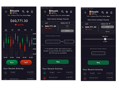 Crypto Trader App Screens #1, #3, #4