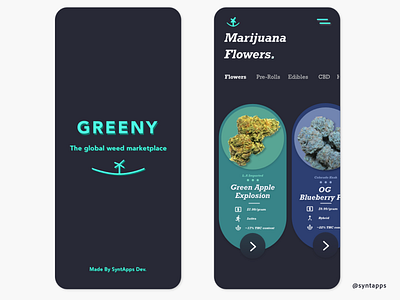 "GREENY" App Concept UI, *DARK MODE* Screens #1,2 adobexd app app concept app design design eccom eccommerce mobile mobile design mobileui weed weed app