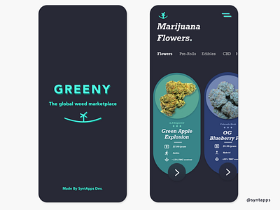 "GREENY" App Concept UI, *DARK MODE* Screens #1,2