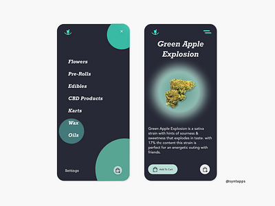 "GREENY" App Concept UI *DARKMODE* Screens #3,4 android app concept app design darkmode design ios marijuana mobile mobile app design mobile design uiux ux weed weed app