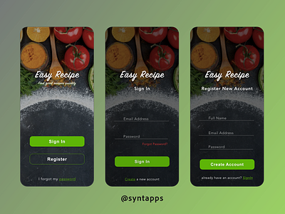 "Easy Recipe" recipe finder App Concept UI Screens # 1,2,3 adobexd android app appconcept cooking food food app ios mobile mobile app mobile food mobileappconcept mobiledesign mobileui mockup prototype recipe resturant uiux wireframe