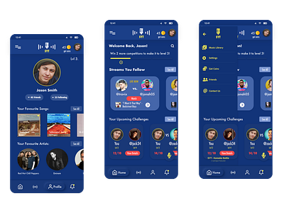 "SYT" App UI Design  - Home Screen, Profile Screen, Home w/ Menu