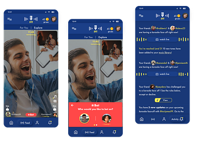 "SYT" App UI Design - Feed w/ live stream, Activity Screen. appdesign appui battle challenge coins compete friends karaoke karoke mobiledesign music music app playlist song songs soundcloud spotify tiktok