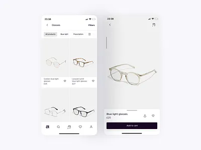 Mobile Product List and Product Page clean design ecommerce filters glasses graphic design learningui mobile productlist productpage sansserif shopdesign simple ui uichallenge ux white