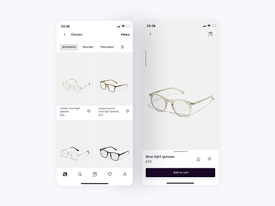 Mobile Product List and Product Page clean design ecommerce filters glasses graphic design learningui mobile productlist productpage sansserif shopdesign simple ui uichallenge ux white