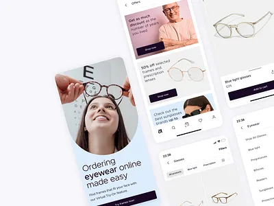 "Ordering eyewear online made easy" e-commerce mobile app app cleandesign design ecommerce figma glasses graphic design learningui light mobile mobileapp shop ui uichallenge ux white