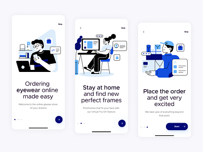 "Ordering eyewear online made easy" Onboarding design app blue design figma graphic design illustration onboarding onboarding design screens ui uichallenge ux vector