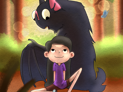 The girl and the bat monster bat cartoon childrens book chilling digitalart girl illustration