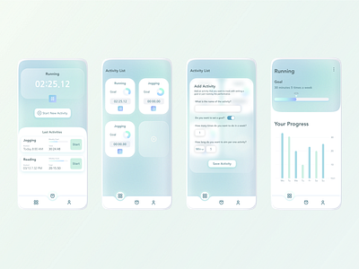 Time Tracking App activity figma figmadesign glass effect glassmorphism goal gradient gradient design mockup performance stopwatch timetracker timetracking trendy ui uidesign ux