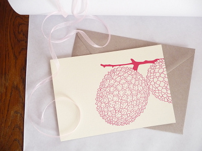 Lychees notecard with its envelope card card design carte design illustration kraftille letterpress lychee pink vector