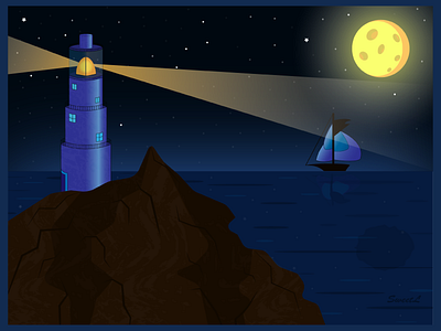 Lighthouse 2d art artwork branding design digital illustration digitalart flashlight illustration lighthouse moonlight mountain night nightsky ocean sea stars typography vector web