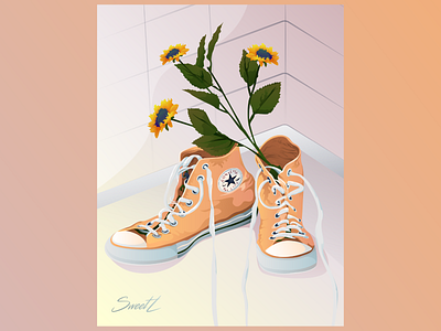 Orange converse with flowers 2d art branding colorful converse design digital illustration flowers gradient illustratorukraine popart shoelaces shoes sneakers sports sports branding star sweetl vector