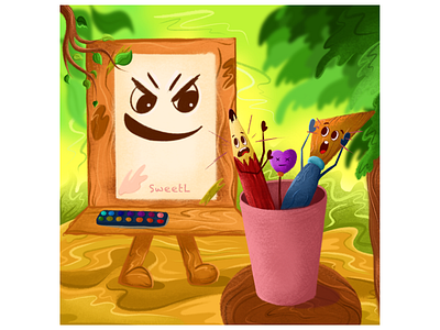 Brown easel with pencils and brushes art block art fear artist branding brush canva cartoon character digital illustration drawing easel fear illustratorukraine pencil swatches sweetl