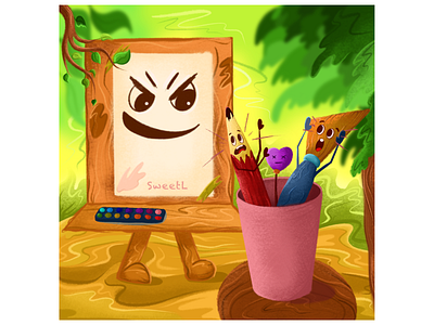 Brown easel with pencils and brushes