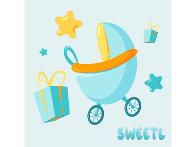 Babies print - a stroller and a gift for a boy 2d art baby birtday born boy branding carriage child childhood family gifts illustratorukraine kiddy kids love newborn stars sweetl toddler vector