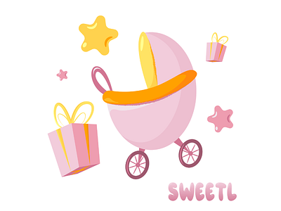 Babies print - a stroller and a gift for a girl 2d art baby birthday born branding carriage child childhood family gifts girl hearts illustratorukraine kiddy kids love newborn sweetl toddler vector